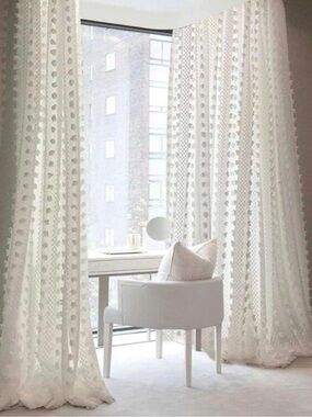 Shabby Chic Sheer Pom Pom Curtain Panels Set White Cottagecore Farmhouse 84”